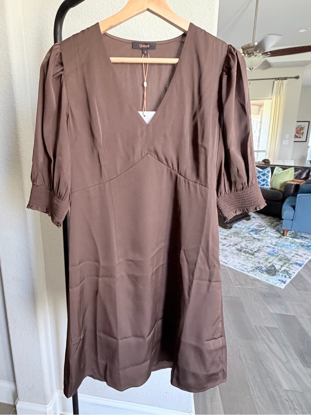 Quince Washable Stretch Silk Hot Fudge Brown V-Neck Mini Dress Puff Sleeves S
